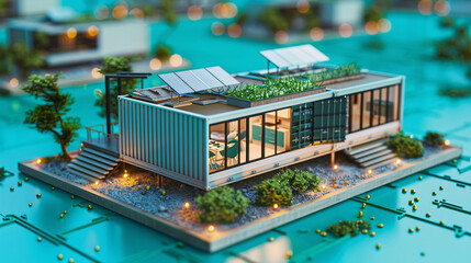 A 3D Max miniature container home, with a modern, sustainable design, displayed on a bright cyan background to contrast its industrial materials.