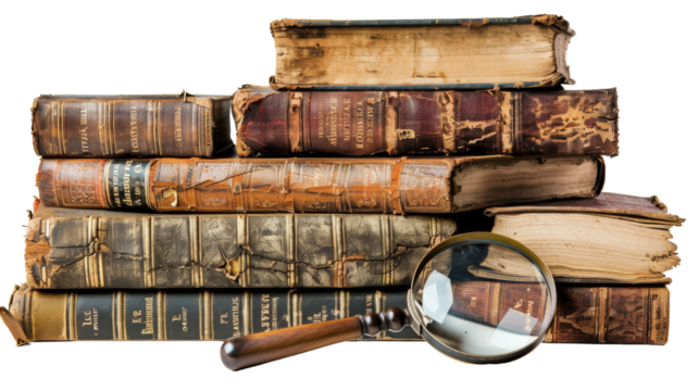 A magnifying glass rests delicately atop a towering stack of books