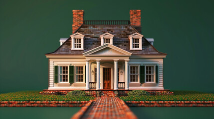 A 3D Max miniature colonial house, featuring classic shutters and a brick walkway, placed on a deep emerald background to complement its timeless design.