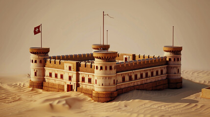 A 3D Max miniature colonial fort, with bastions and a flagpole, displayed on a sandy beige background to mimic its historical desert setting. - obrazy, fototapety, plakaty