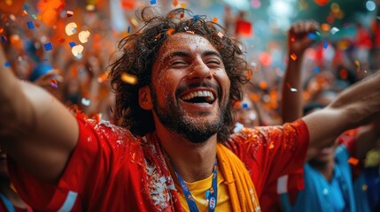 An exuberant male soccer fan wearing a jersey is triumphantly cheering with clenched fists, celebrating a goal during a match viewing party. AIG41 - obrazy, fototapety, plakaty