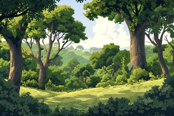 Illustration of a green forest with trees and grass on a sunny day