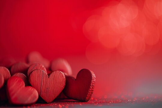 Valentine's Day background with red hearts on red bokeh background