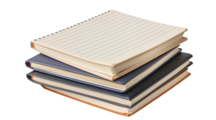 A stack of colorful notebooks arranged in a tall tower on a white background