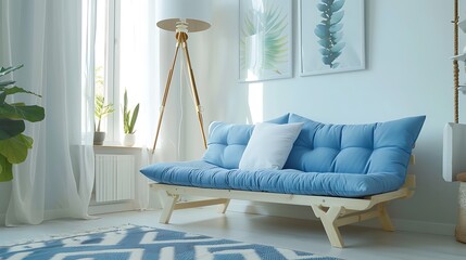 bright white and blue living room interior with scandinavian futon sofa - obrazy, fototapety, plakaty