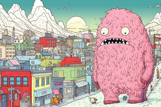 Funny cartoon monster on a background of the city