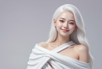 Beautiful asian woman with white long hair on gray background