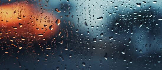 Water droplets from the rain are seen on a window with a background blurred out, creating a serene and calming scene