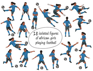 African team figures of junior girl women's football players and goalkeepers in blue T-shirts in various poses jumping, running, catching the ball