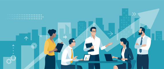 Presentation, vision, strategy. Discussing business plan. Vector illustration
