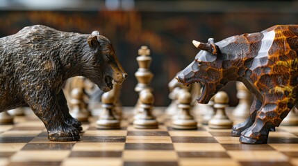 A bear and bull chess game symbolizing the dynamics of the stock market