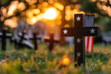 Memorial day, tribute to fallen soldiers worldwide, set against an iconic american flag backdrop, evoking patriotism and honoring their sacrifice on this solemn occasion. - obrazy, fototapety, plakaty