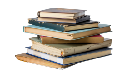 A tall stack of colorful books piled on top of each other