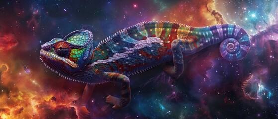 A chameleon changing colors to match the vibrant hues of a cosmic nebula it crawls upon