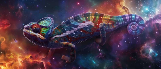 Fotobehang A chameleon changing colors to match the vibrant hues of a cosmic nebula it crawls upon © AI Farm