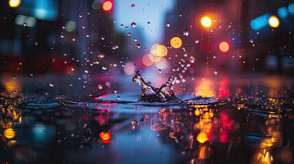 A close-up of raindrops splashing on a puddle with the city lights blurred in the background