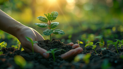 Illustration of tiny tree: World Tree Planting Day concept, nurturing in hands. - obrazy, fototapety, plakaty
