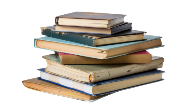 A tall stack of colorful books piled on top of each other