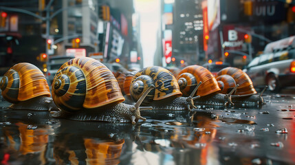 Slow traffic analogy. Snails in foreground on city street amongst cars. 
