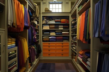 Organized walk-in closet with a variety of clothes