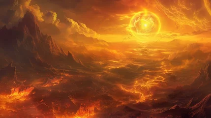 Foto op Plexiglas A fantasy landscape illuminated by a second blazing hot sun © AI Farm