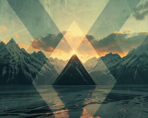 A geometric sunrise with rays of light beaming through triangular mountains