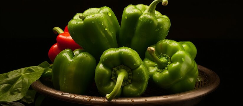 A bowl filled with green bell peppers and a single red pepper, creating a colorful vegetable display