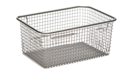 A sleek metal basket with a handle set against a crisp white background