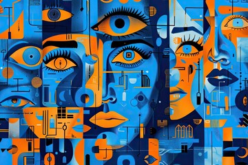 A pop art-inspired collage of blue and orange icons and symbols