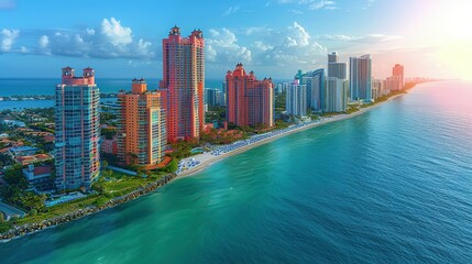 View from above of luxurious highrise hotels and condos on Atlantic ocean shore in Sunny Isles Beach city. American tourism infrastructure in southern Florida - obrazy, fototapety, plakaty