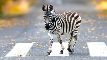 Zebra crossing a pedestrian crosswalk and looking at the camera