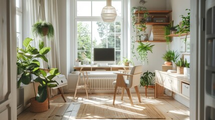 Bright Home Office with Lush Plants, Productive Workspace