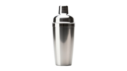 A sleek stainless steel cocktail shaker resting on a pristine white background