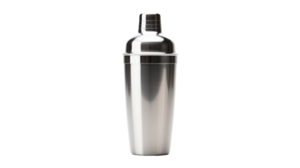 A sleek stainless steel cocktail shaker resting on a pristine white background