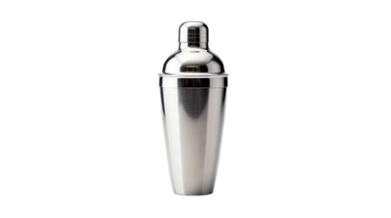 A gleaming stainless steel cocktail shaker sits on a pristine white background
