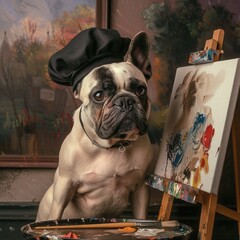 A French Bulldog in artists attire with a beret and paintbrush