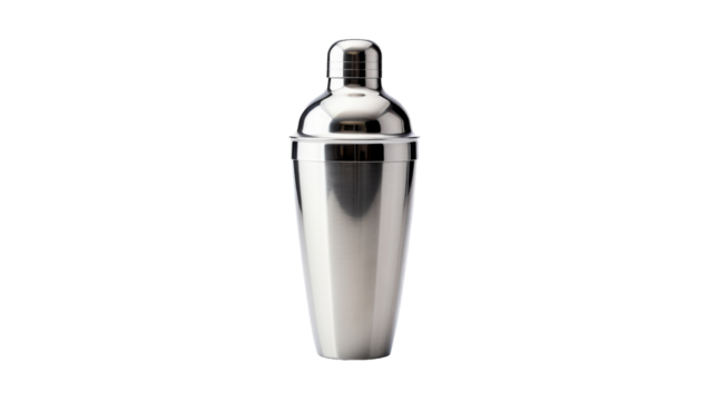 A gleaming stainless steel cocktail shaker sits on a pristine white background