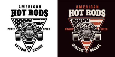Hot rod vector emblem, label, badge or print in two styles colored and black on white background