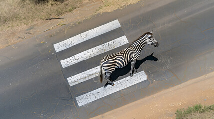 Zebra crossing on crosswalk from above on deserted country road. Migration concept