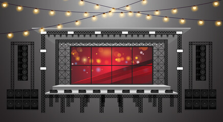 red stage and speaker with led screen on the truss system on the white background	 - obrazy, fototapety, plakaty
