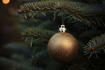 Christmas tree decoration with golden bauble on spruce branch, holiday background