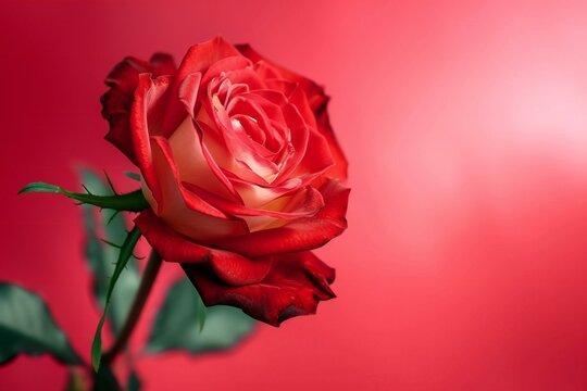 Beautiful red rose on a red background with space for text