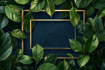 Creative layout made of green leaves and golden frame on dark blue background,  Minimal concept