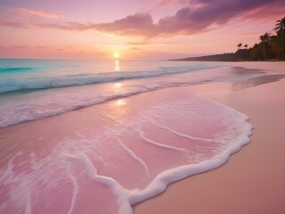 beautiful sunset pink sandy beach - obrazy, fototapety, plakaty