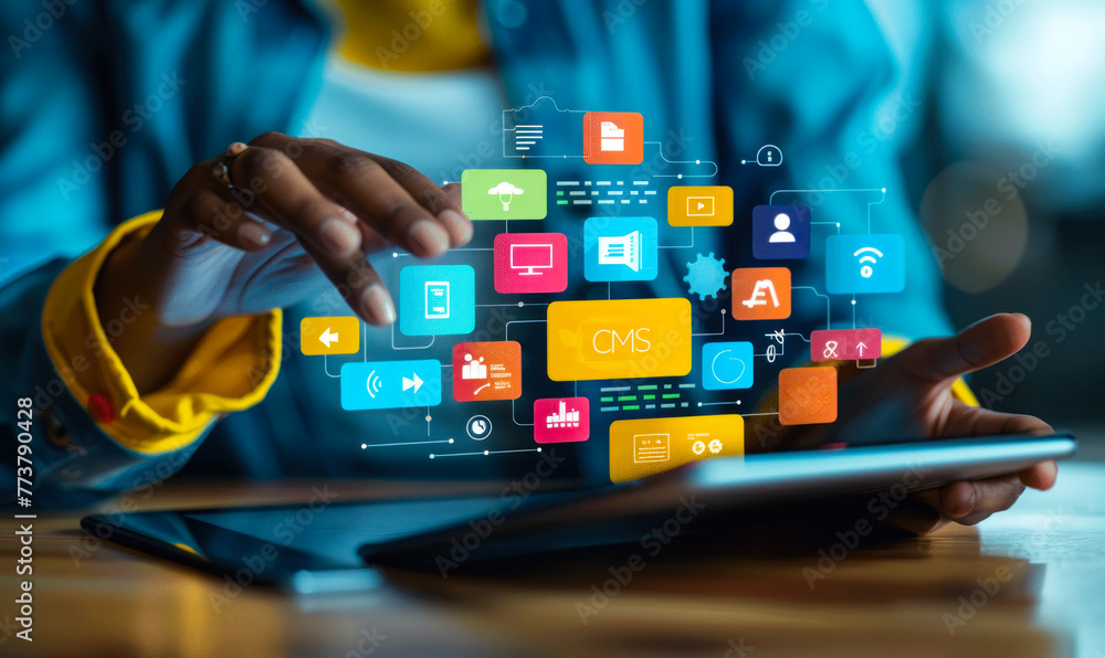 Poster business professional interacts with virtual interface displaying content management system cms & re