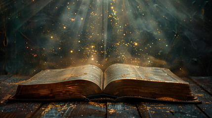 An open Bible lies upon a wooden table, bathed in a radiant beam of light, symbolizing divine guidance and spiritual illumination