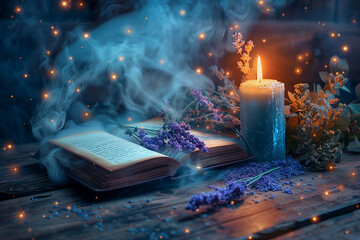 An antique book, open on a table, bathed in candlelight with smoke - obrazy, fototapety, plakaty