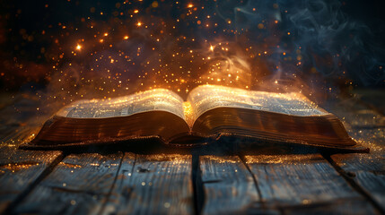 An open Bible lies upon a wooden table, bathed in a radiant beam of light, symbolizing divine guidance and spiritual illumination - obrazy, fototapety, plakaty
