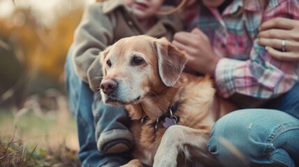 Loyal Golden Retriever with Family in Autumn, Perfect for Pet Lovers