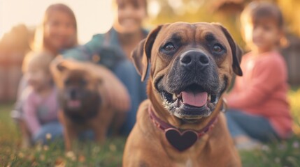 Joyful Family with Playful Boxer Dog Outdoors, Family Fun Time - obrazy, fototapety, plakaty